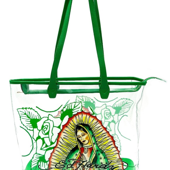 NWT Ed Hardy Virgin de Guadalupe Clear Floral Tote Bag $159 Green - Picture 6 of 7